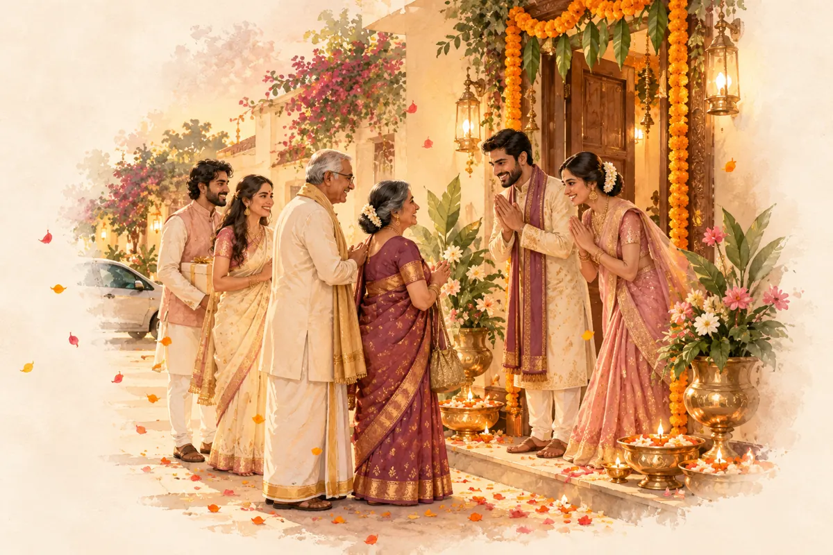 Illustrated hosts welcoming elders at a doorway decorated with marigolds and diyas