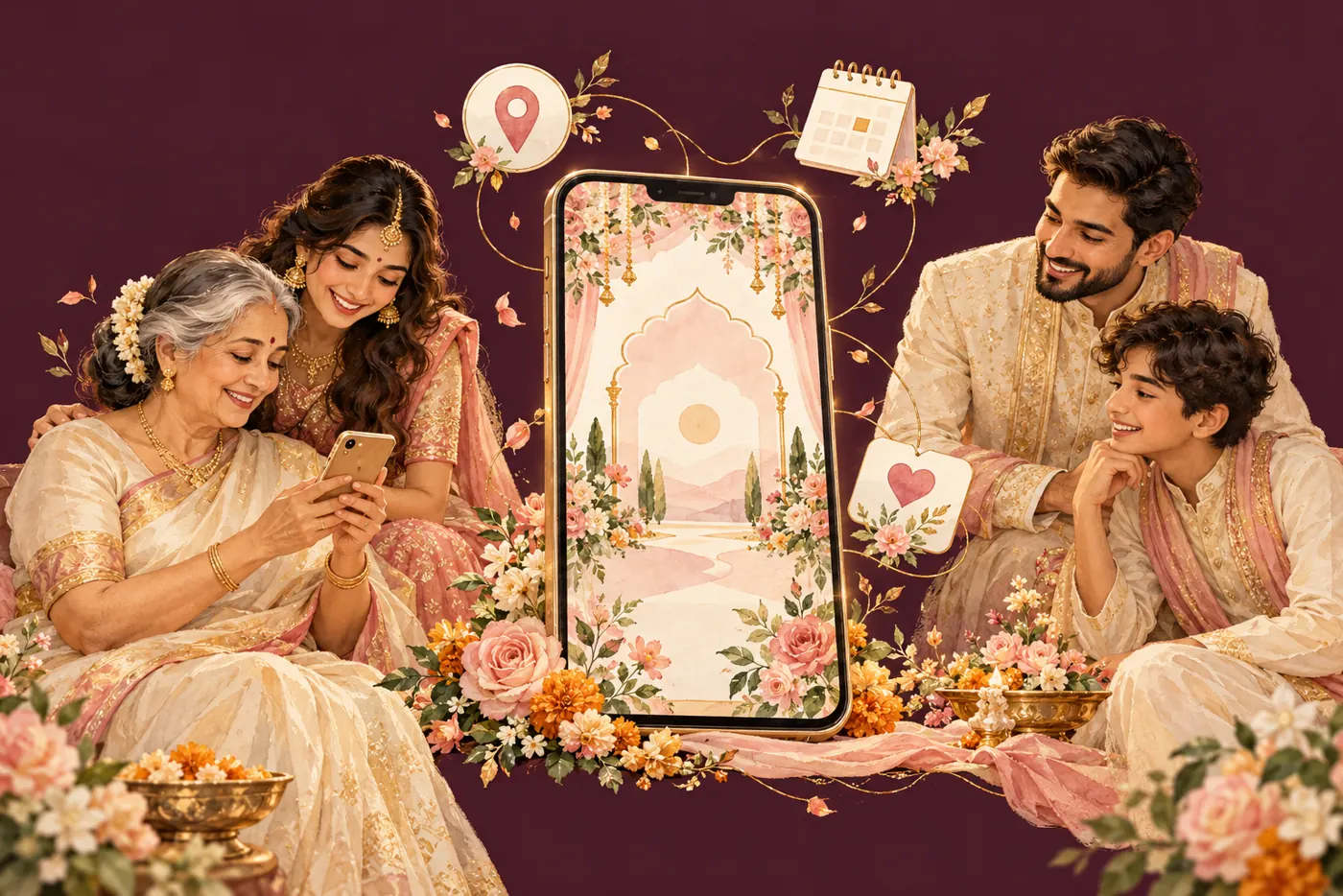 Illustrated family smiling at an invitation on a phone, with a map pin, calendar page and RSVP heart floating around it