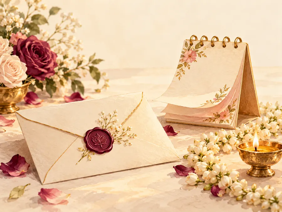 Ivory envelope with a plum wax seal beside a small calendar, jasmine garland and brass diya
